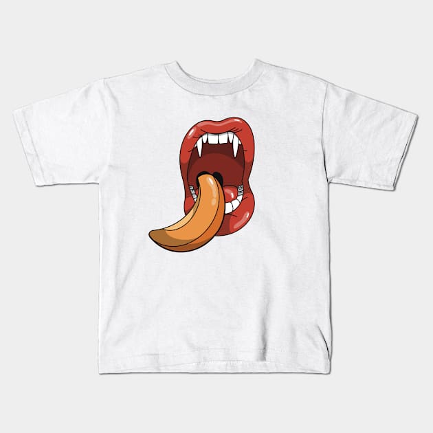 Mouth with vampire teeth about to take a bite into a slice of a peach Kids T-Shirt by Fruit Tee